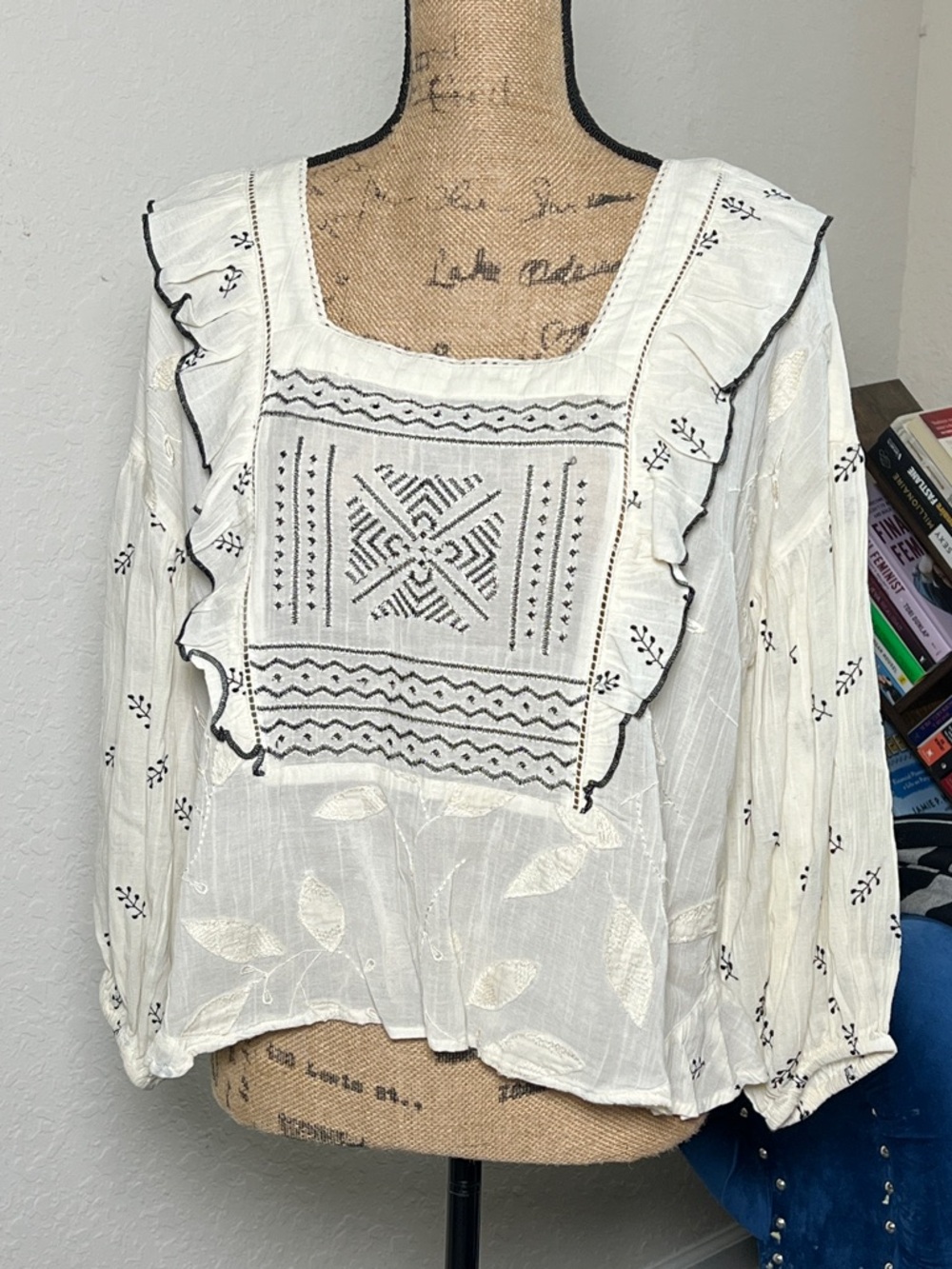 bohme White Peasant Blouse with Black Embroidery